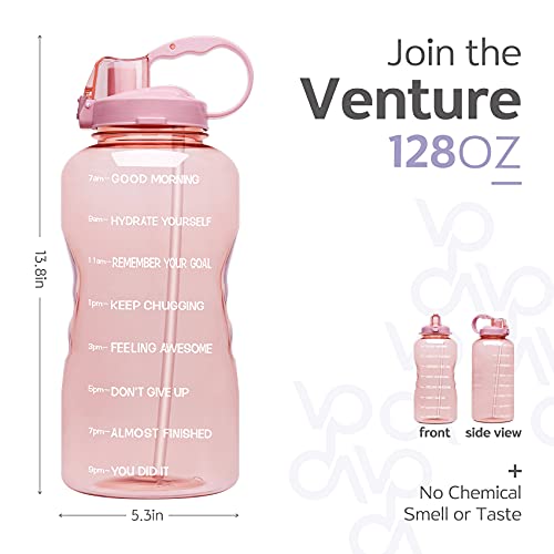 Venture Pal Large 1 Gallon/128 OZ (When Full) Motivational BPA Free Leakproof Water Bottle with Straw & Time Marker Perfect for Fitness Gym Camping Outdoor Sports-Light Pink