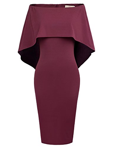 GRACE KARIN Solid Cape Off Shoulder Bodycon Midi Dress Size M Wine Red