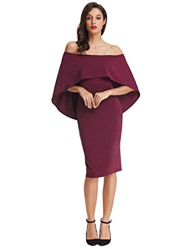 GRACE KARIN Solid Cape Off Shoulder Bodycon Midi Dress Size M Wine Red