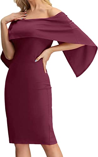 GRACE KARIN Solid Cape Off Shoulder Bodycon Midi Dress Size M Wine Red