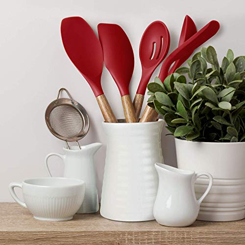 Miusco Non-Stick Silicone Kitchen Utensils Set with Natural Acacia Hard Wood Handle, 5 Piece, Red, BPA Free, Baking & Serving Silicone Cooking Utensils