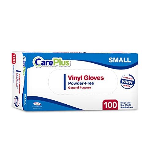 [200 Count] Care Plus Disposable Plastic Vinyl Clear Small Size Gloves, Allergy, Latex And Powder Free, Great For Home Kitchen Or Office Cleaning, Cooking, 2 Boxes
