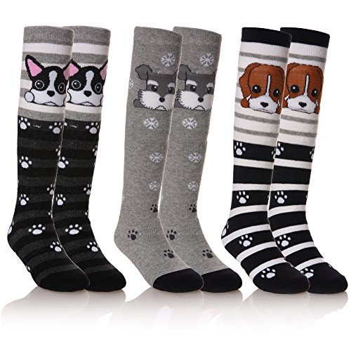 FNOVCO Girls Knee High Socks Cartoon Animal Patterns Cotton Over Calf Socks (3 Pairs Dog)