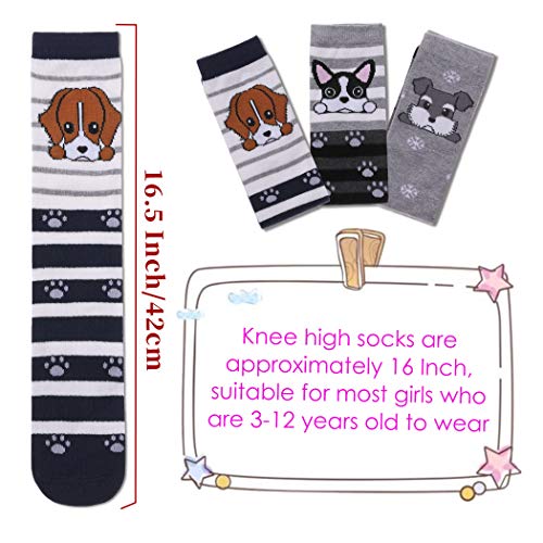 FNOVCO Girls Knee High Socks Cartoon Animal Patterns Cotton Over Calf Socks (3 Pairs Dog)