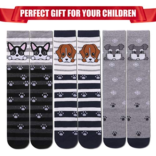 FNOVCO Girls Knee High Socks Cartoon Animal Patterns Cotton Over Calf Socks (3 Pairs Dog)