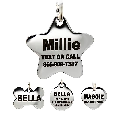 Stainless Steel Pet ID Tags - Engraved Personalized Dog Tags , Cat Tags Front & Back up to 8 Lines of Text â Bone, Round, Heart, Flower, Badge, House, Star, Rectangle, Bow Tie