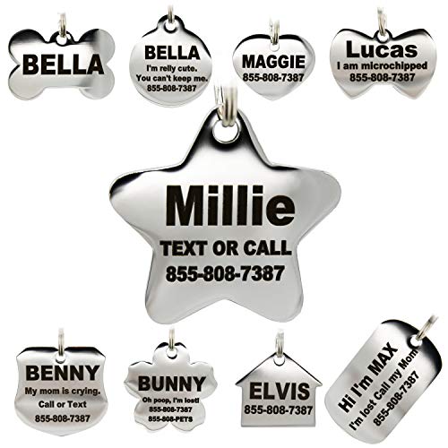 Stainless Steel Pet ID Tags - Engraved Personalized Dog Tags , Cat Tags Front & Back up to 8 Lines of Text â Bone, Round, Heart, Flower, Badge, House, Star, Rectangle, Bow Tie