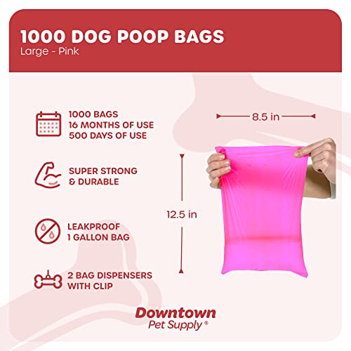 Downtown Pet Supply Dog Pet Waste Poop Bags with 2 Leash Clips and Dispensers (1000 Bags, Pink)