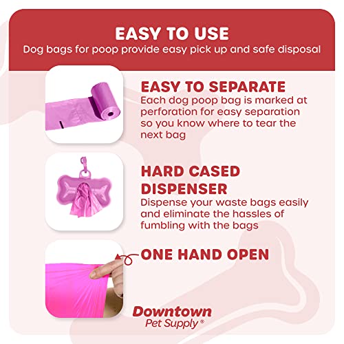 Downtown Pet Supply Dog Pet Waste Poop Bags with 2 Leash Clips and Dispensers (1000 Bags, Pink)
