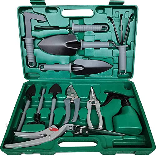 TOORGGOO Gardening Tools Set 13 Pieces,Ergonomic Handle Trowel Rake Weeder Pruner Shears Sprayer, Garden Hand Tools with Carrying Case Gardening Gifts for Women