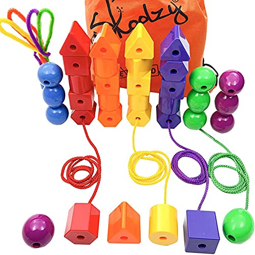 Skoolzy Lacing Beads for Kids Toddler Toy - JUMBO Primary Lacing Toys For Toddlers - Autism Fine Motor Skills Montessori Toys - 36 String Beads, 4 Strings, Travel Bag, Preschool Activities eBook Set