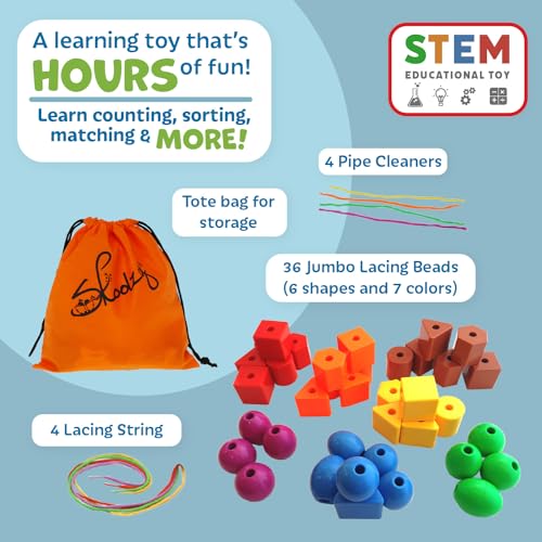 Skoolzy Lacing Beads for Kids Toddler Toy - JUMBO Primary Lacing Toys For Toddlers - Autism Fine Motor Skills Montessori Toys - 36 String Beads, 4 Strings, Travel Bag, Preschool Activities eBook Set