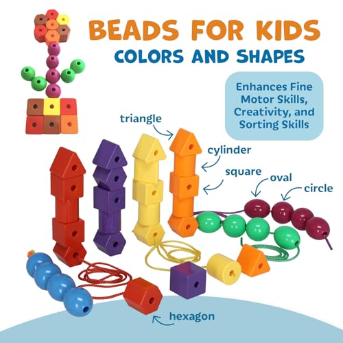 Skoolzy Lacing Beads for Kids Toddler Toy - JUMBO Primary Lacing Toys For Toddlers - Autism Fine Motor Skills Montessori Toys - 36 String Beads, 4 Strings, Travel Bag, Preschool Activities eBook Set
