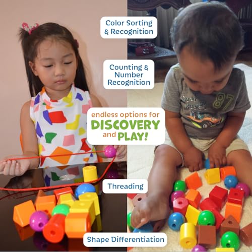Skoolzy Lacing Beads for Kids Toddler Toy - JUMBO Primary Lacing Toys For Toddlers - Autism Fine Motor Skills Montessori Toys - 36 String Beads, 4 Strings, Travel Bag, Preschool Activities eBook Set