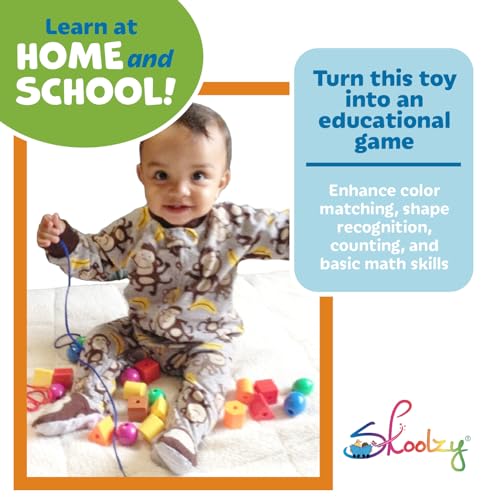 Skoolzy Lacing Beads for Kids Toddler Toy - JUMBO Primary Lacing Toys For Toddlers - Autism Fine Motor Skills Montessori Toys - 36 String Beads, 4 Strings, Travel Bag, Preschool Activities eBook Set