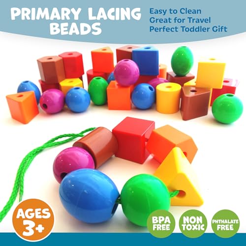 Skoolzy Lacing Beads for Kids Toddler Toy - JUMBO Primary Lacing Toys For Toddlers - Autism Fine Motor Skills Montessori Toys - 36 String Beads, 4 Strings, Travel Bag, Preschool Activities eBook Set