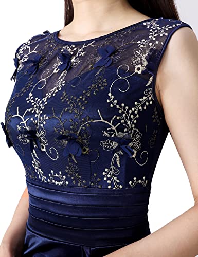 Vfshow Womens Blue Floral Embroidered Formal Ruched Ruffles High Split Evening Gown Prom Wedding Party Maxi Long Dress 3708 BLU XL