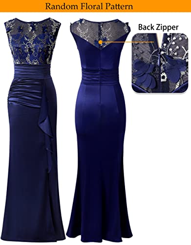 Vfshow Womens Blue Floral Embroidered Formal Ruched Ruffles High Split Evening Gown Prom Wedding Party Maxi Long Dress 3708 BLU XL