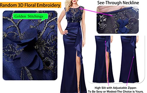 Vfshow Womens Blue Floral Embroidered Formal Ruched Ruffles High Split Evening Gown Prom Wedding Party Maxi Long Dress 3708 BLU XL