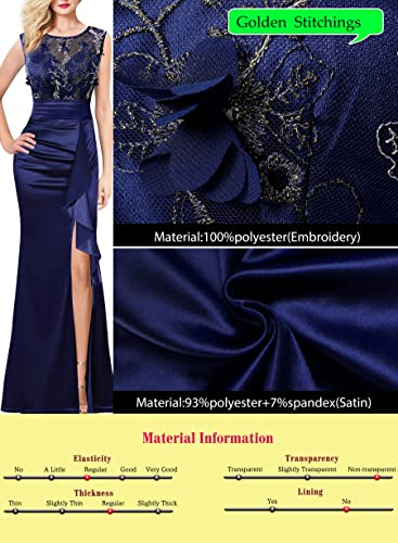 Vfshow Womens Blue Floral Embroidered Formal Ruched Ruffles High Split Evening Gown Prom Wedding Party Maxi Long Dress 3708 BLU XL