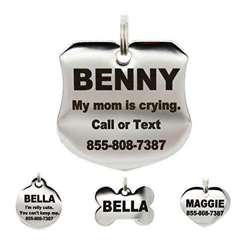 Stainless Steel Pet ID Tags - Engraved Personalized Dog Tags, Cat Tags Front & Back up to 8 Lines of Text â Bone, Round, Heart, Flower, Badge, House, Star, Rectangle, Bow Tie