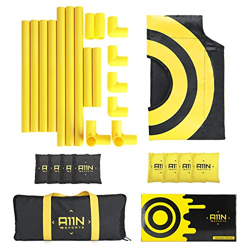 A11N Portable PVC Framed Cornhole Game Set with 8 Bean Bags & Carrying Bag | Yellow & Black Pattern