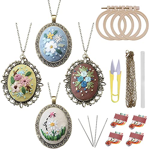 Mini Embroidery Kits for Beginners, Mini Embroidery Necklace Pendant Kits with Patterns and Instructions, Mini Cross Stitch Kits, Hand Sewing Jewelry Ornament (4pcs-E)