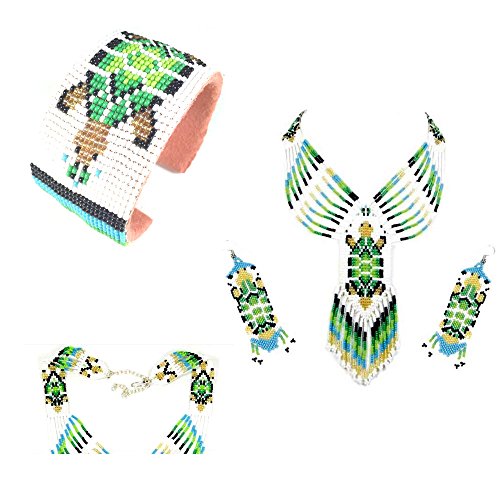Native American Style Beaded Jewelry Set Necklace Earrings Bracelet Handmade (Green)
