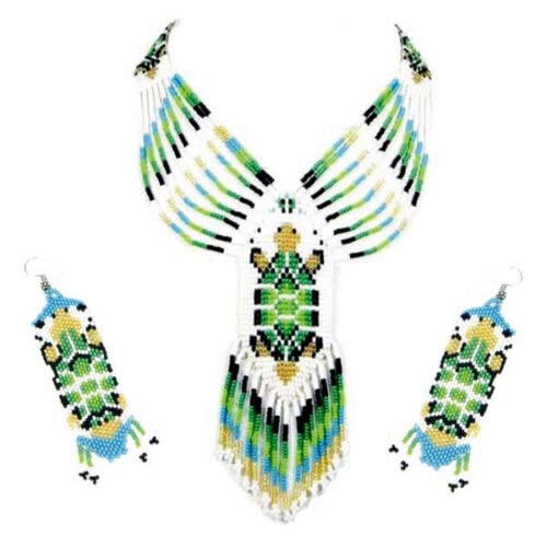 Native American Style Beaded Jewelry Set Necklace Earrings Bracelet Handmade (Green)
