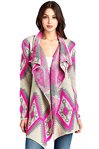 RENEEC. Women's Aztec Print Open Front Winter Chunky Cardigan Sweater (Large, Pink)