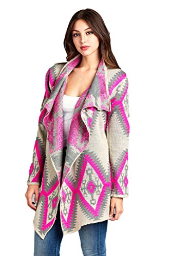 RENEEC. Women's Aztec Print Open Front Winter Chunky Cardigan Sweater (Large, Pink)