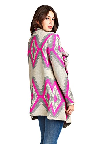 RENEEC. Women's Aztec Print Open Front Winter Chunky Cardigan Sweater (Large, Pink)