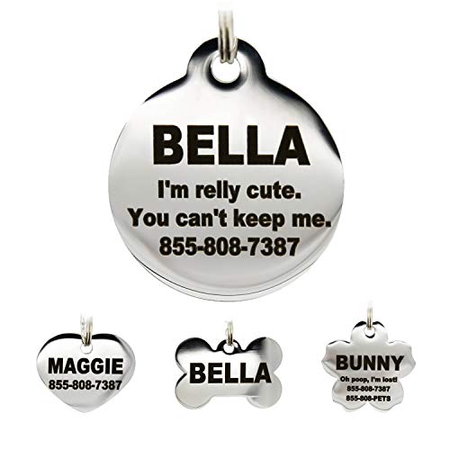 Stainless Steel Pet ID Tags - Engraved Personalized Dog Tags , Cat Tags Front & Back up to 8 Lines of Text â Bone, Round, Heart, Flower, Badge, House, Star, Rectangle, Bow Tie