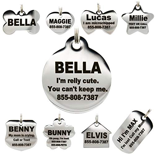 Stainless Steel Pet ID Tags - Engraved Personalized Dog Tags , Cat Tags Front & Back up to 8 Lines of Text â Bone, Round, Heart, Flower, Badge, House, Star, Rectangle, Bow Tie