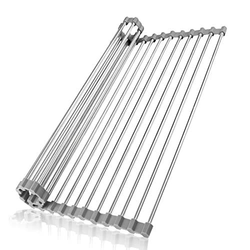 KIBEE Dish Drying Rack Stainless Steel Roll Up Over The Sink Drainer Gadget Tool for Many Kitchen Task(Gray,Large)