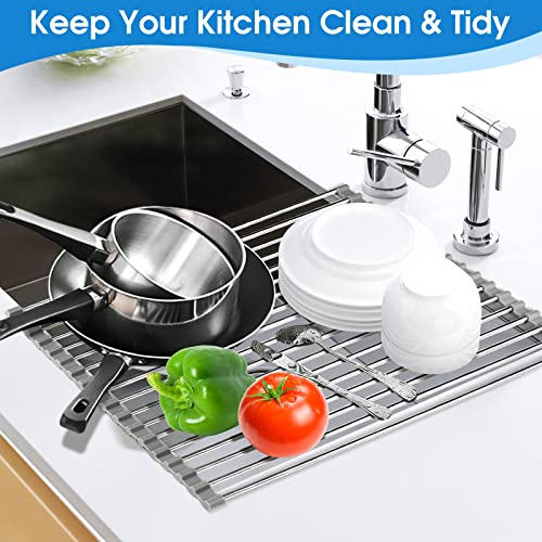 KIBEE Dish Drying Rack Stainless Steel Roll Up Over The Sink Drainer Gadget Tool for Many Kitchen Task(Gray,Large)