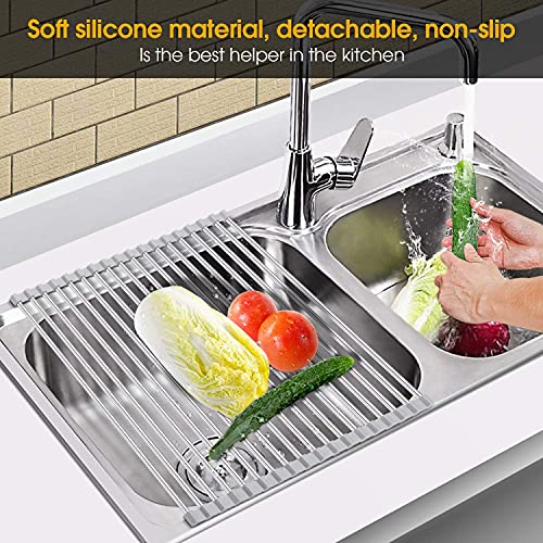 KIBEE Dish Drying Rack Stainless Steel Roll Up Over The Sink Drainer Gadget Tool for Many Kitchen Task(Gray,Large)