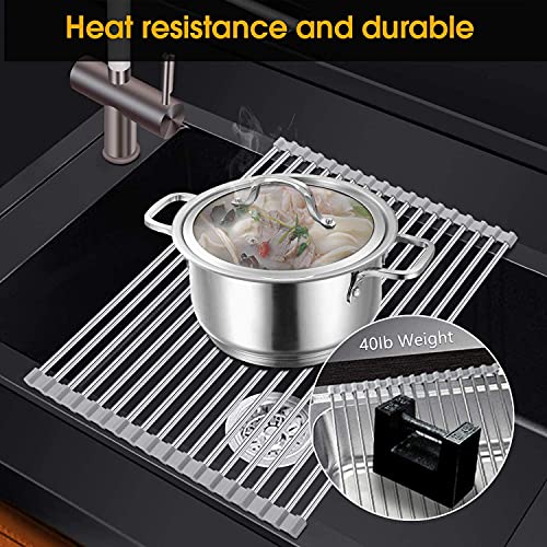 KIBEE Dish Drying Rack Stainless Steel Roll Up Over The Sink Drainer Gadget Tool for Many Kitchen Task(Gray,Large)