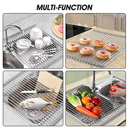 KIBEE Dish Drying Rack Stainless Steel Roll Up Over The Sink Drainer Gadget Tool for Many Kitchen Task(Gray,Large)