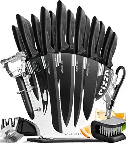 Stainless Steel Knife Set with Block 17 Piece Set Kitchen Knives Set Chef Knife Set with Knife Sharpener, 6 Steak Knives with Bonus Peeler Scissors Cheese Pizza Knife and Acrylic Stand by Home Hero