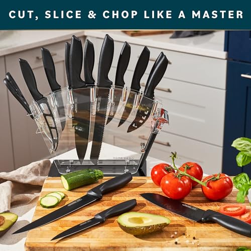 Stainless Steel Knife Set with Block 17 Piece Set Kitchen Knives Set Chef Knife Set with Knife Sharpener, 6 Steak Knives with Bonus Peeler Scissors Cheese Pizza Knife and Acrylic Stand by Home Hero