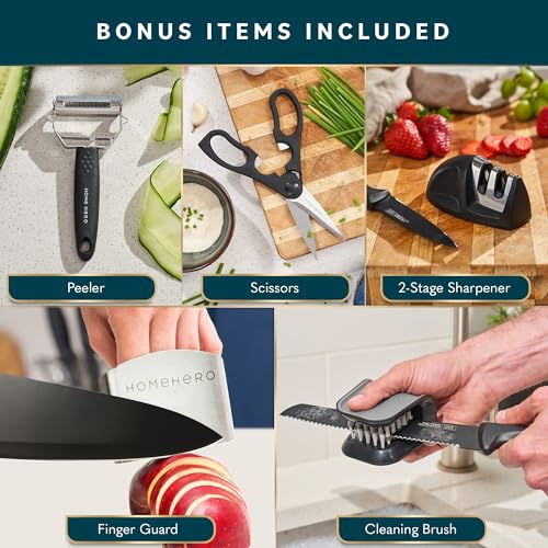 Stainless Steel Knife Set with Block 17 Piece Set Kitchen Knives Set Chef Knife Set with Knife Sharpener, 6 Steak Knives with Bonus Peeler Scissors Cheese Pizza Knife and Acrylic Stand by Home Hero