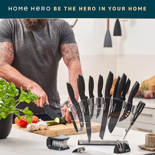 Stainless Steel Knife Set with Block 17 Piece Set Kitchen Knives Set Chef Knife Set with Knife Sharpener, 6 Steak Knives with Bonus Peeler Scissors Cheese Pizza Knife and Acrylic Stand by Home Hero