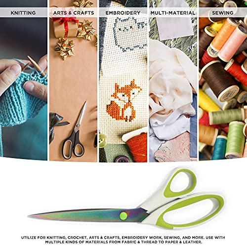 BambooMN Super Sharp Titanium Softgrip Scissors Set for Sewing, Arts, Crafts, Office - 1 Set of 3 - White w/Green Inlays