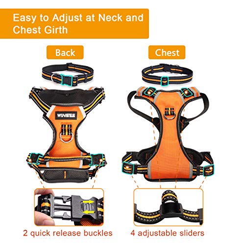 WINSEE Dog Harness No Pull, Pet Harnesses with Dog Collar, Adjustable Reflective Oxford Outdoor Vest, Front/Back Leash Clips for Small, Medium, Large, Extra Large Dogs, Easy Control Handle for Walking