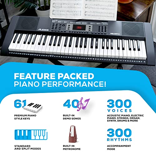 Alesis Melody 61 Key Keyboard Piano with 300 Sounds, Speakers, Digital Piano Stand, Bench, Headphones, Microphone, Music Lessons and Demo Songs