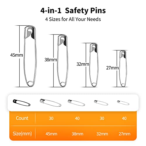 Officepal Premium Quality 4-Size 27mm 32mm 37mm 45mm Safety Pins- Top 140-Count â Durable, Rust-Resistant Nickel Plated Steel Set- Best Sewing Accessories Kit for Baby Clothing (4-Size in 1 No. 003)