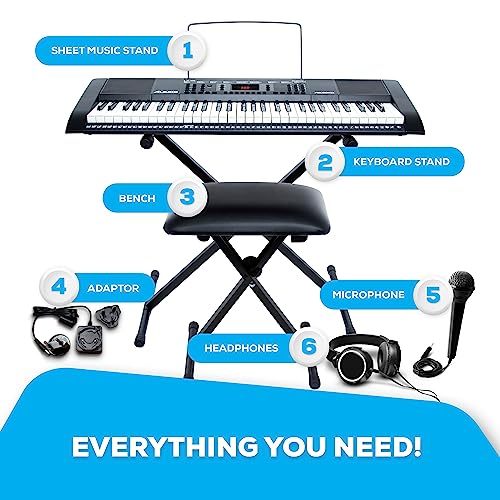 Alesis Melody 61 Key Keyboard Piano with 300 Sounds, Speakers, Digital Piano Stand, Bench, Headphones, Microphone, Music Lessons and Demo Songs