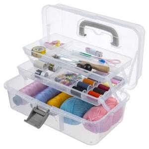 MyGift? Clear Plastic 2-Tier Trays Craft Supply Storage Box/First Aid Carrying Case w/Top Handle & Latch Lock