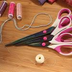 BambooMN Titanium Softgrip Scissors Set for Sewing, Arts, Crafts, Office - 3 Sets of 3 - White w/Pink Inlays